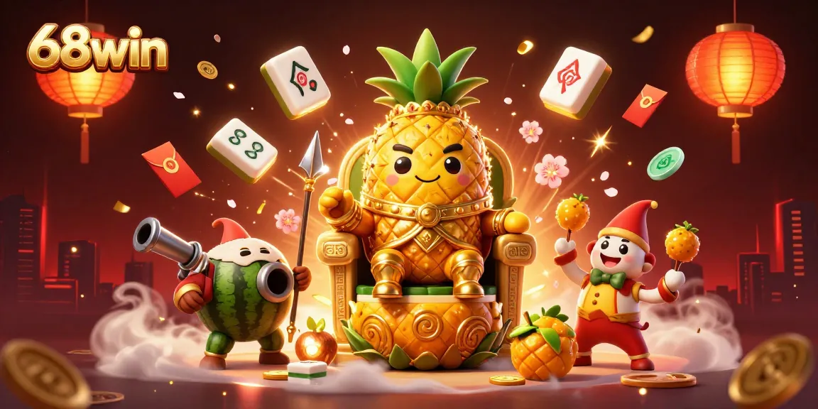 Experience thrilling gaming at 68win, featuring a 3D cartoon king and vibrant casino elements.