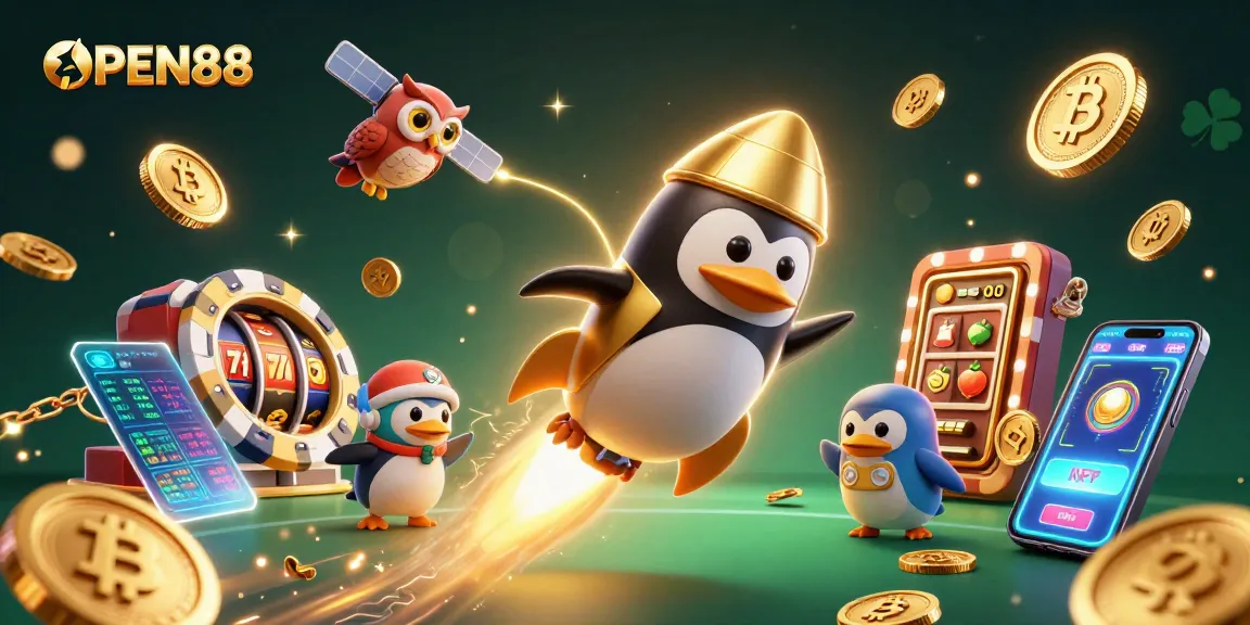 Launch into the world of OPEN88 with a thrilling 3D illustration featuring a golden penguin and casino icons!