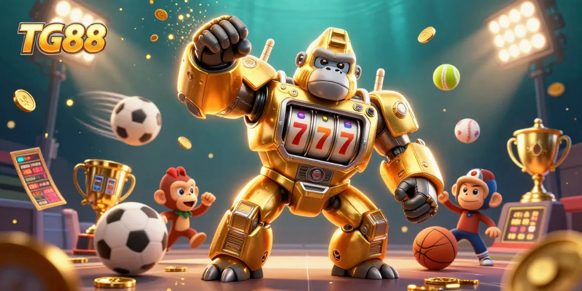 Experience the thrill of gaming at TG88 with a golden gorilla mech and dynamic sports elements.