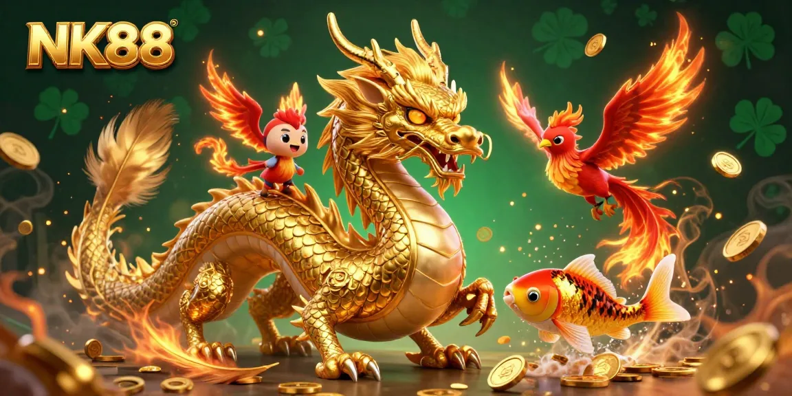 Experience the thrill of NK88 with a vivid dragon, phoenix, and koi fish in a dynamic casino scene.