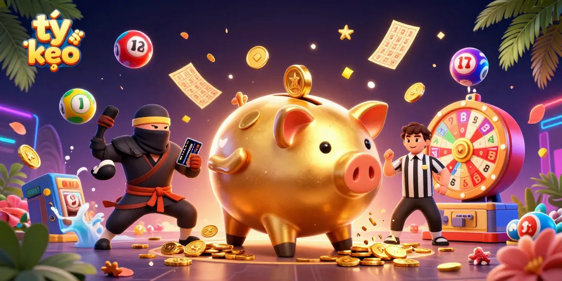 Engage with tỷ lệ kèo as the golden piggy bank sumo wrestler stirs up excitement in a vibrant casino atmosphere.