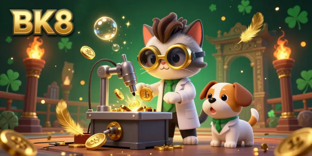 Experience the excitement of BK8 with a whimsical scene of a mad scientist cat and assistant dog creating a gold-coin machine in a casino.