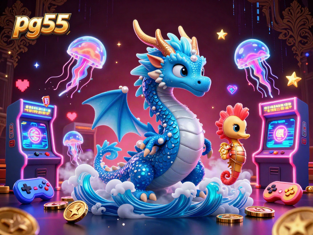 pg55 brings to life an energetic scene with a water dragon and casino game-themed elements.