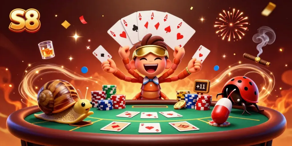 Experience the excitement of S8 casino with a vibrant 3D cartoon scene featuring extraordinary dealers and gaming elements.