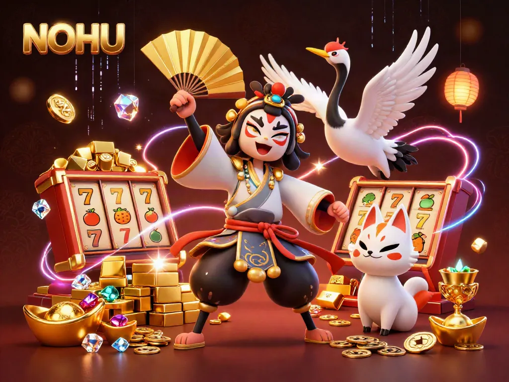 Experience thrilling slot action with NOHU's vibrant 3D illustration of kabuki warriors and treasures.