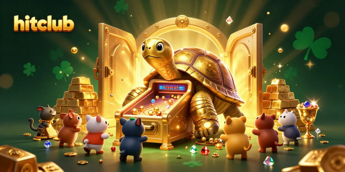 Experience exciting moments at hitclub with a golden tortoise pinball machine surrounded by treasures.