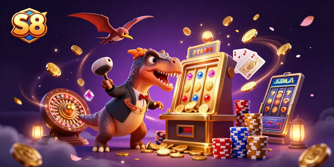 S8 delivers an exciting jackpot experience with golden coins cascading from a slot machine in a vibrant 3D casino scene.
