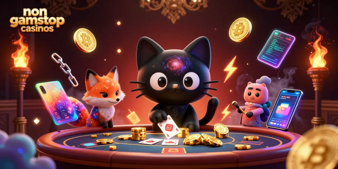 Engage with non gamstop casinos featuring a cartoon black hole cat at a cosmic gaming table.