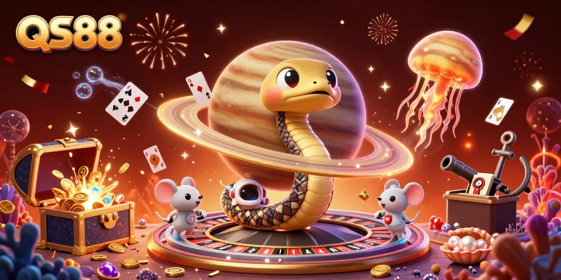 Experience the excitement of QS88 with astronaut mice betting on a cosmic roulette wheel in this vibrant, dynamic illustration.