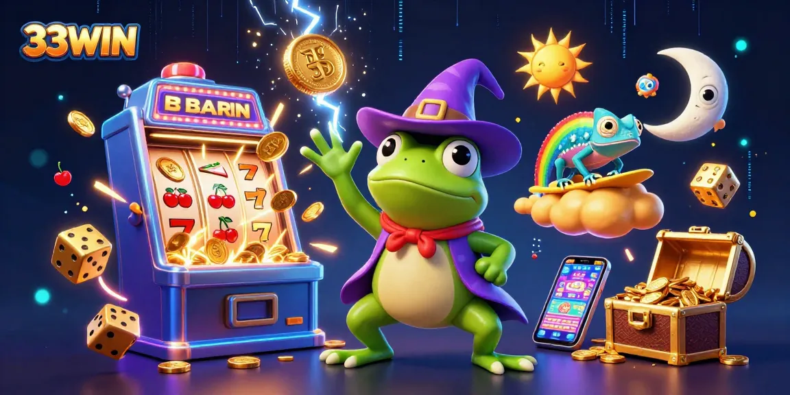 Win big with 33WIN's thrilling 3D illustration, showcasing exciting casino games and vibrant characters.