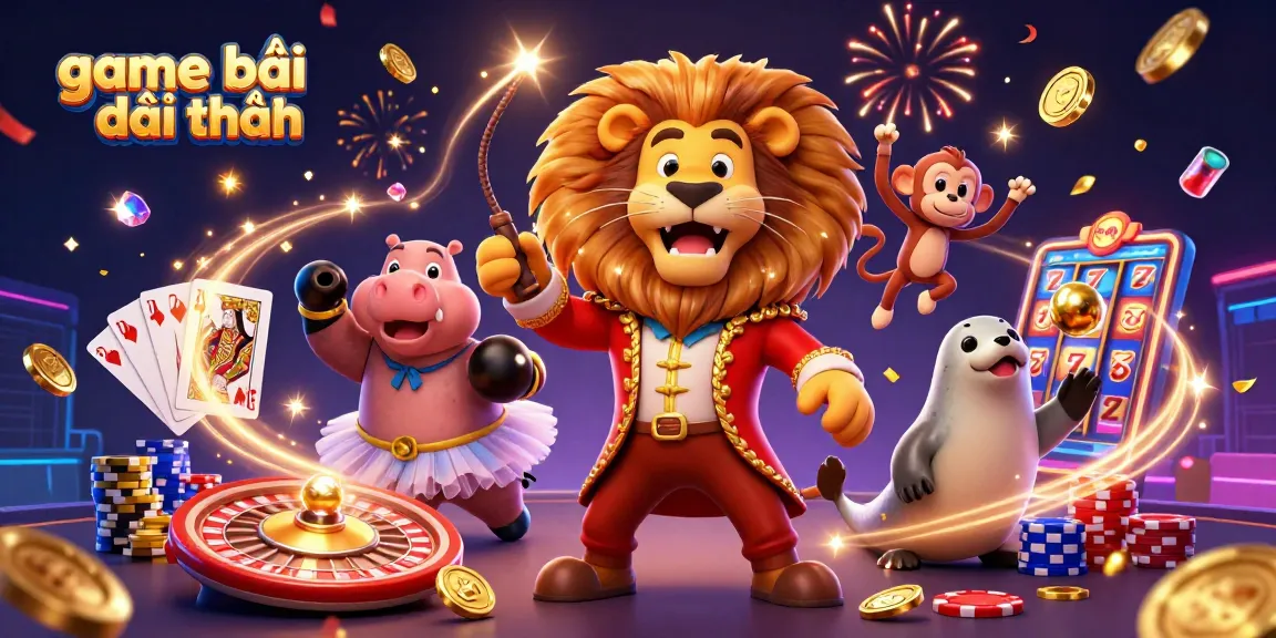 Experience game bài đổi thưởng with vibrant circus characters and exciting casino elements in this dynamic 3D scene.