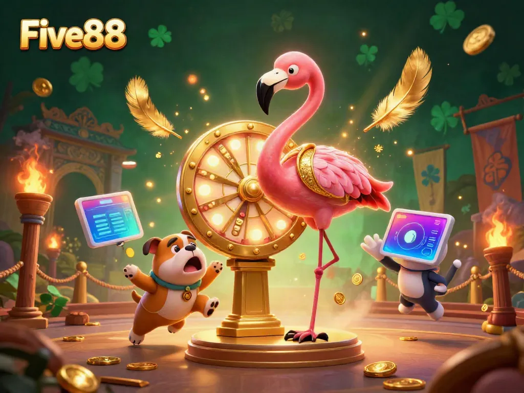Experience the thrill of gaming at Five88 with vibrant characters and elements in a dynamic casino scene.