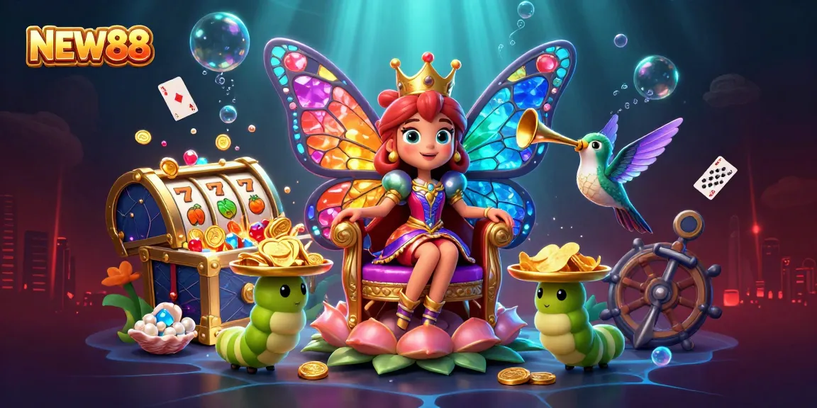 Engage with the captivating scene of NEW88, as the butterfly queen reigns amidst slot reels and vibrant treasures.