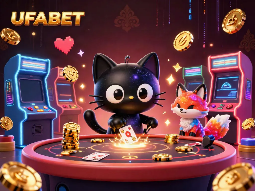 Engage with UFABET at a vibrant cosmic casino featuring a black hole cat and colorful gas fox.