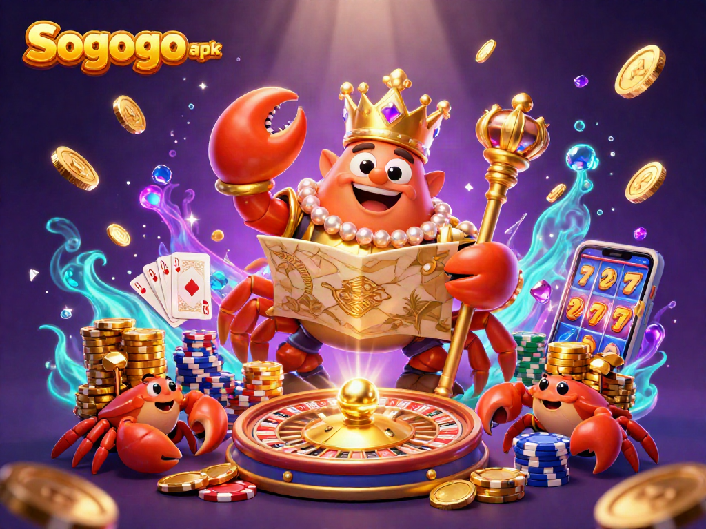 Spin and win with Sogogo apk as the golden crab emperor oversees the vibrant casino scene.