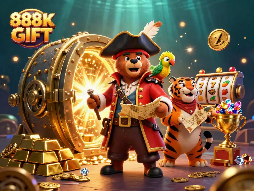 Engage with 888K GIFT in a vibrant casino-themed scene filled with thrilling game elements