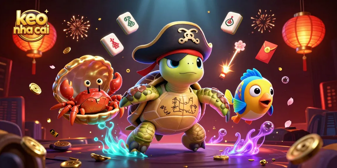 Engage in thrilling keo nha cai betting adventures with a pirate turtle and treasure elements.