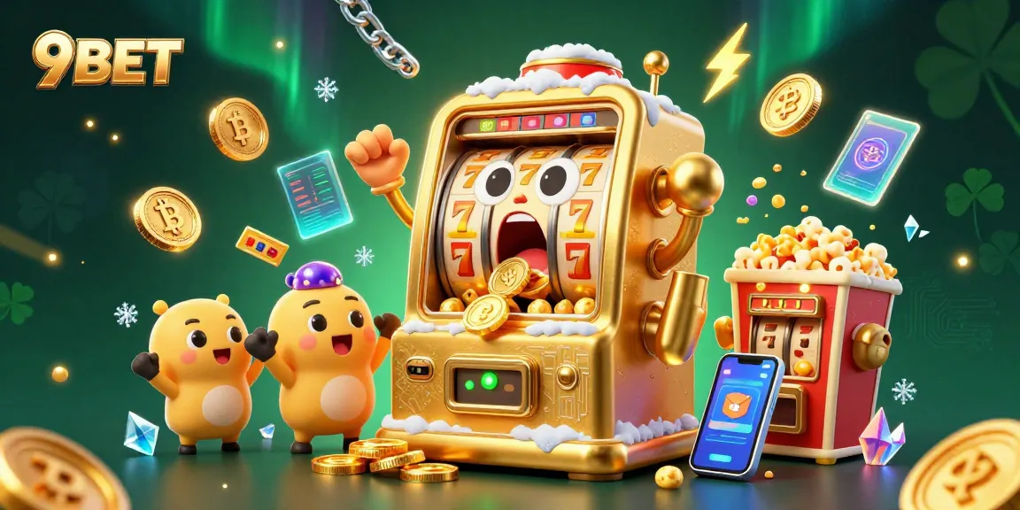 9BET's golden slot machine wins as coins pour out, surrounded by vibrant gaming elements.