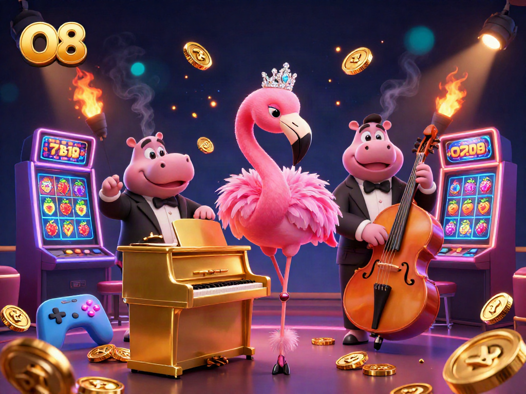 O8 showcases a vibrant casino scene with a flamingo singer, hippo bassist, and slot machines.