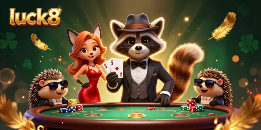 Play poker with luck8's vibrant characters as they celebrate a royal flush at a dynamic casino scene.