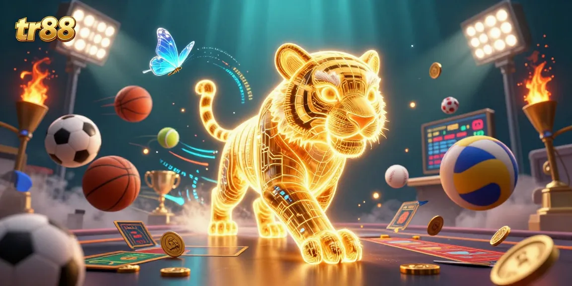 Experience tr88's thrilling digital casino with vibrant sports elements and a stunning golden tiger.