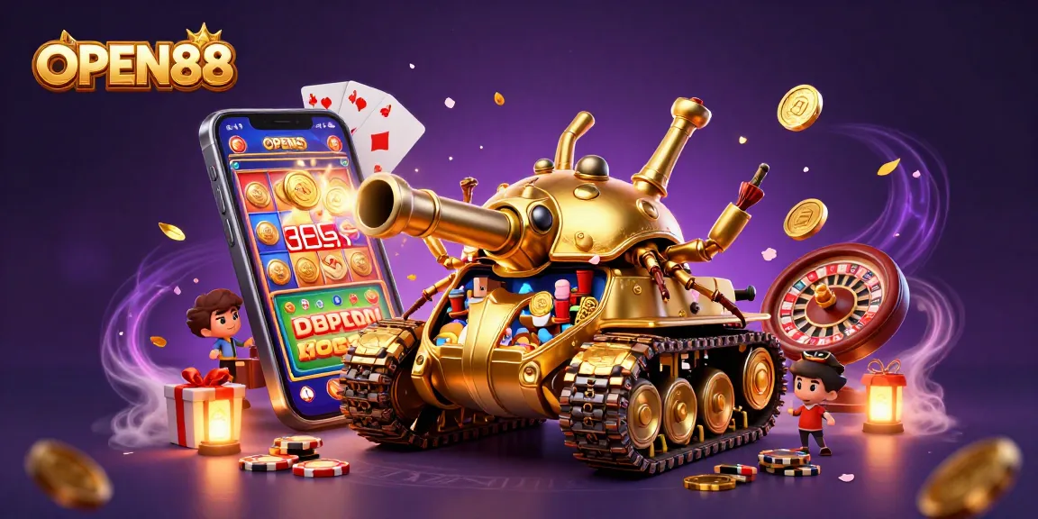Experience gaming thrills with OPEN88 in this vibrant 3D casino scene featuring slot games and golden winnings.