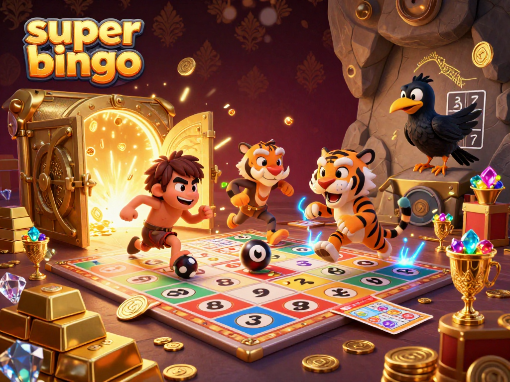 Engage in super bingo with vibrant bingo balls, cards, and characters in an energetic setting.