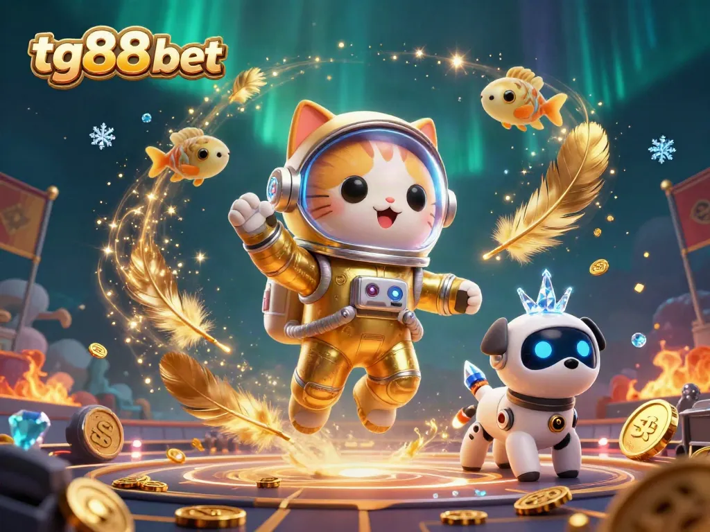 Experience tg88 bet in a vibrant 3D rendered casino scene featuring an astronaut cat and robot dog amidst gaming elements.