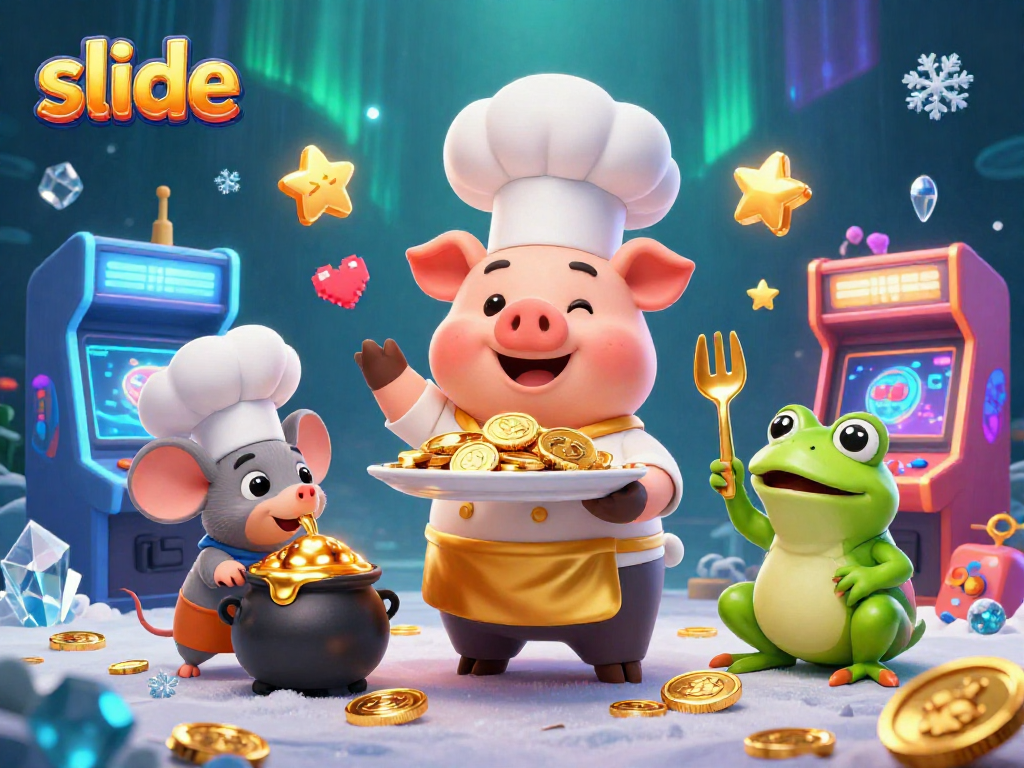 Slide game characters engage with casino elements, showcasing vibrant arcade aesthetics.