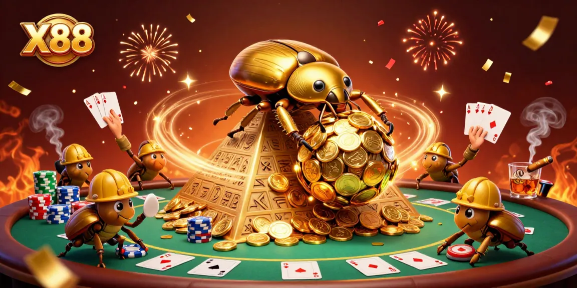 X88 engages players with an energetic scene of golden beetles rolling coins, surrounded by poker elements.