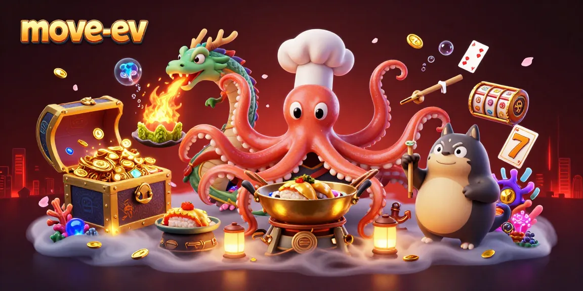 Engage in gaming excitement with move-ev at a vibrant casino scene featuring chefs and lucky symbols.