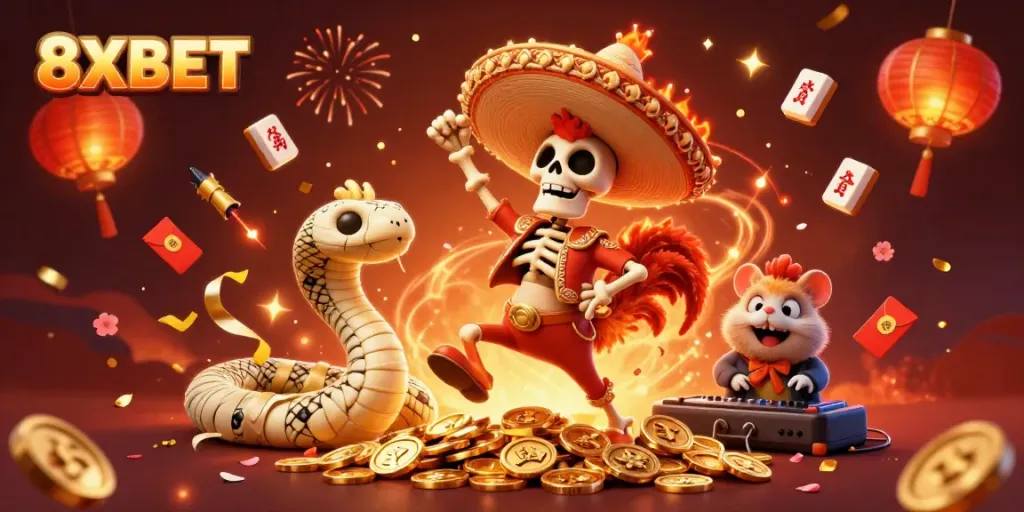 Celebrate big wins with 8XBET in this vibrant casino illustration featuring festive characters and elements.