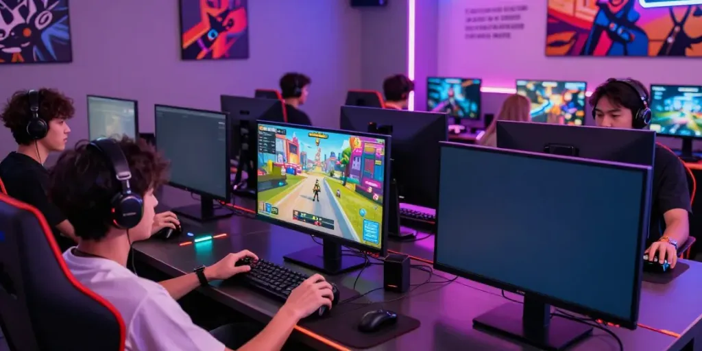 Exciting gaming scene with players engaging in HITCLUB online challenges within a vibrant lounge atmosphere.