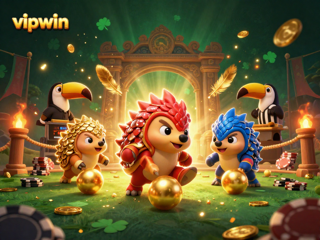 Experience excitement at vipwin as rival pangolins bowl through poker chips amidst a colorful casino scene.