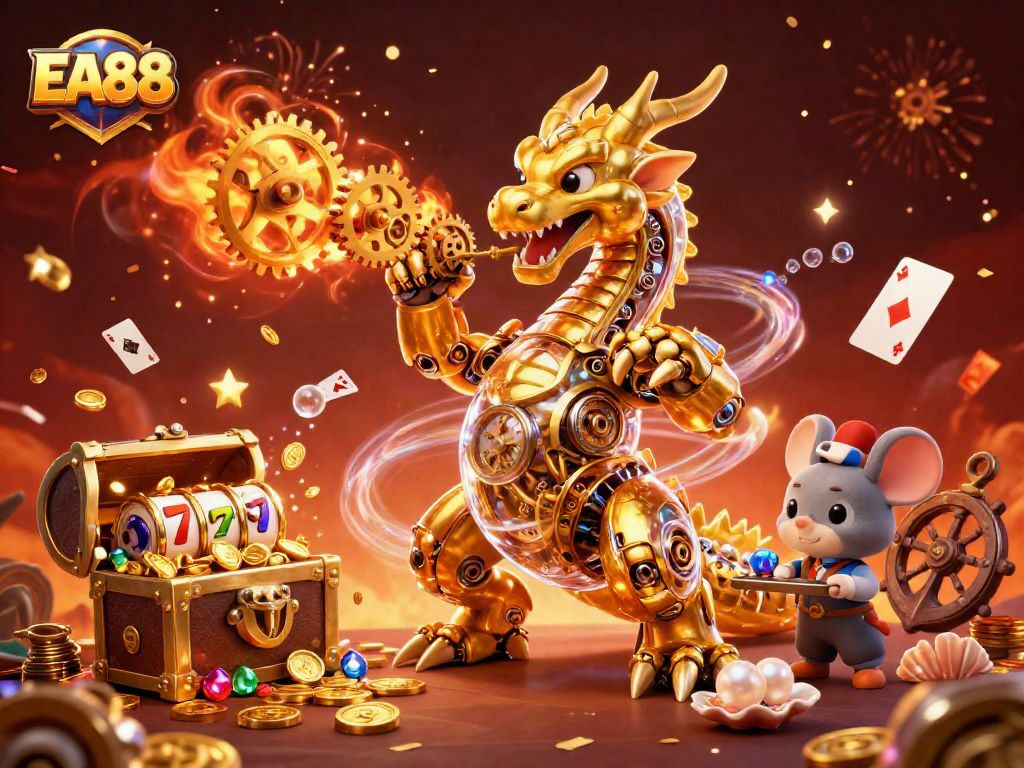 Experience thrilling EA88 gameplay with a golden dragon, treasure, and slot machine action