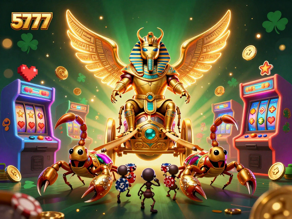 Engage with 5777’s vibrant 3D casino adventure featuring a golden scarab and slot machines.