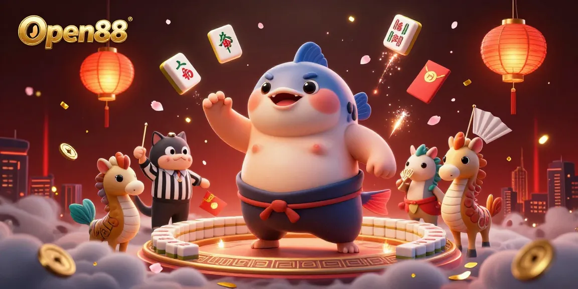 Engage in the vibrant, underwater gaming thrill at Open88, with a cartoon fugu in a sumo ring amid festive elements.