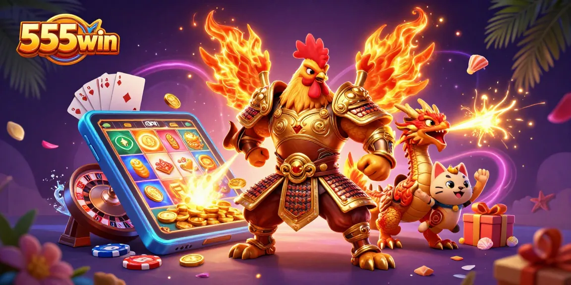 Win big at 555win with thrilling gaming action, featuring a warrior rooster and dragon!