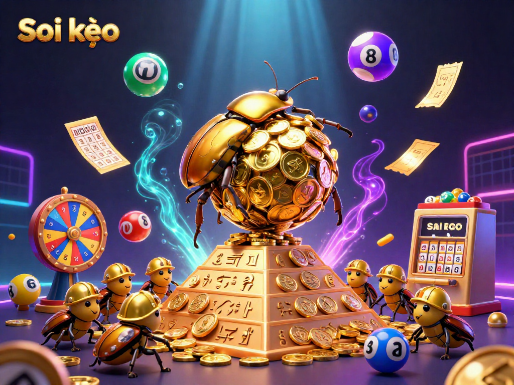 Soi kèo showcases an energetic scene with golden beetles and casino symbols, capturing the thrill of gambling.
