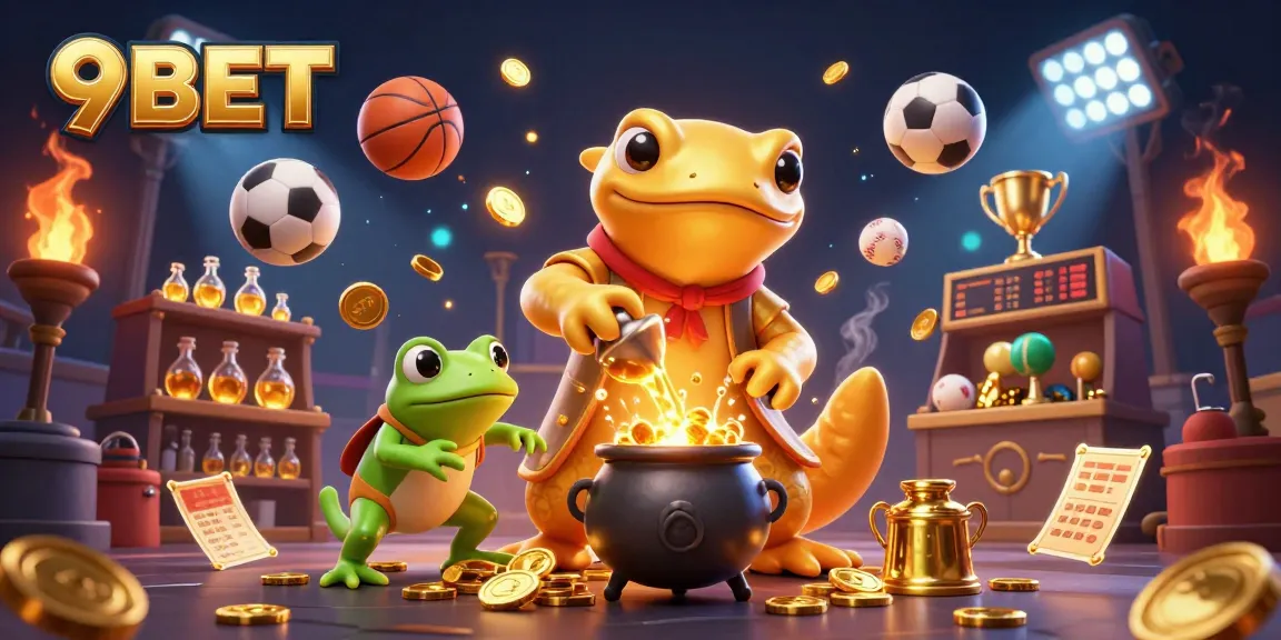 Engage in thrilling sports betting action with 9BET's vibrant casino scene featuring golden elements.