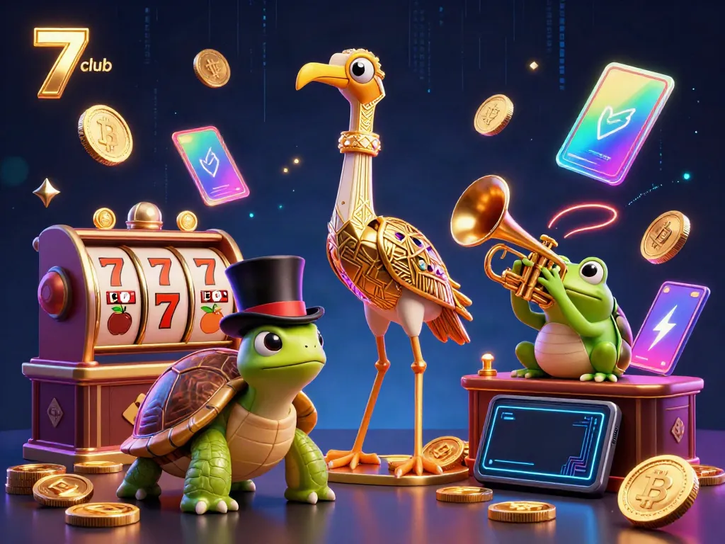 Experience excitement at the 7 club with vibrant slot reels and engaging casino characters.
