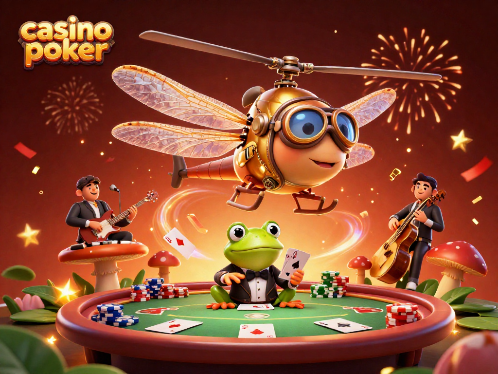 Experience casino poker action with playful characters in a vibrant, festive scene.
