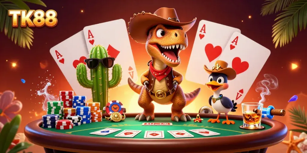 Engage with TK88 by experiencing vibrant poker action featuring a cartoon T-Rex, cactus, and roadrunner.