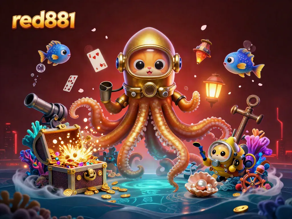 Experience the thrill of gaming with red881's underwater treasure scene featuring a kraken and diving cat.