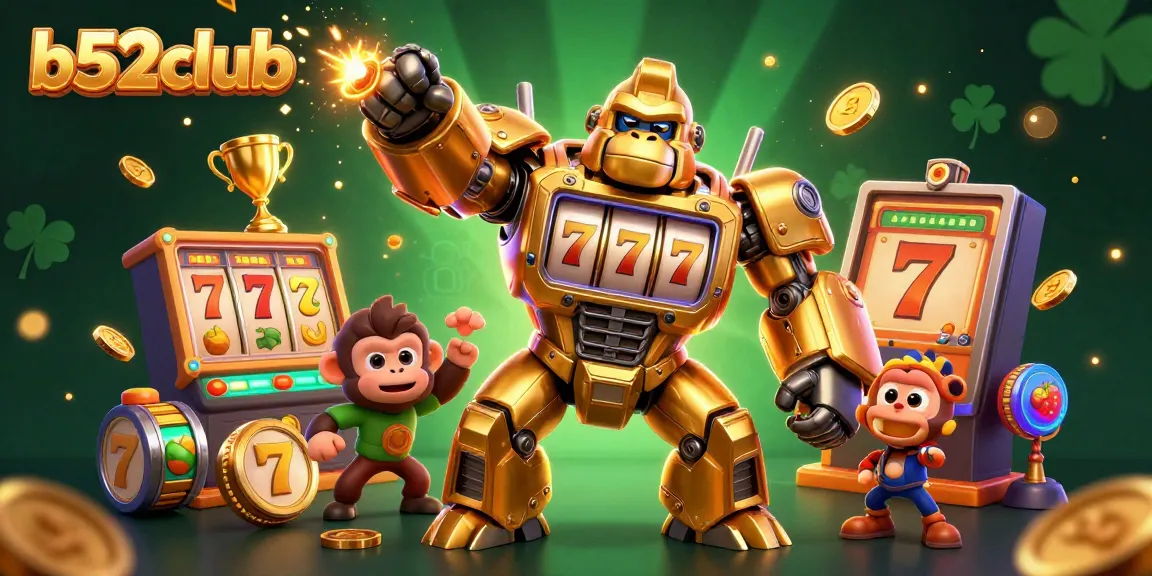 B52club showcases a vibrant casino scene with a golden gorilla mech, spinning slots, and explosive coins, enhancing the gambling experience.