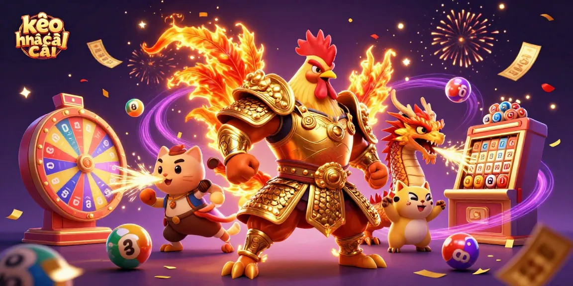 Bet on kèo nhà cái with a vibrant 3D scene featuring a rooster warrior, a dragon hatchling, and dynamic gaming elements.