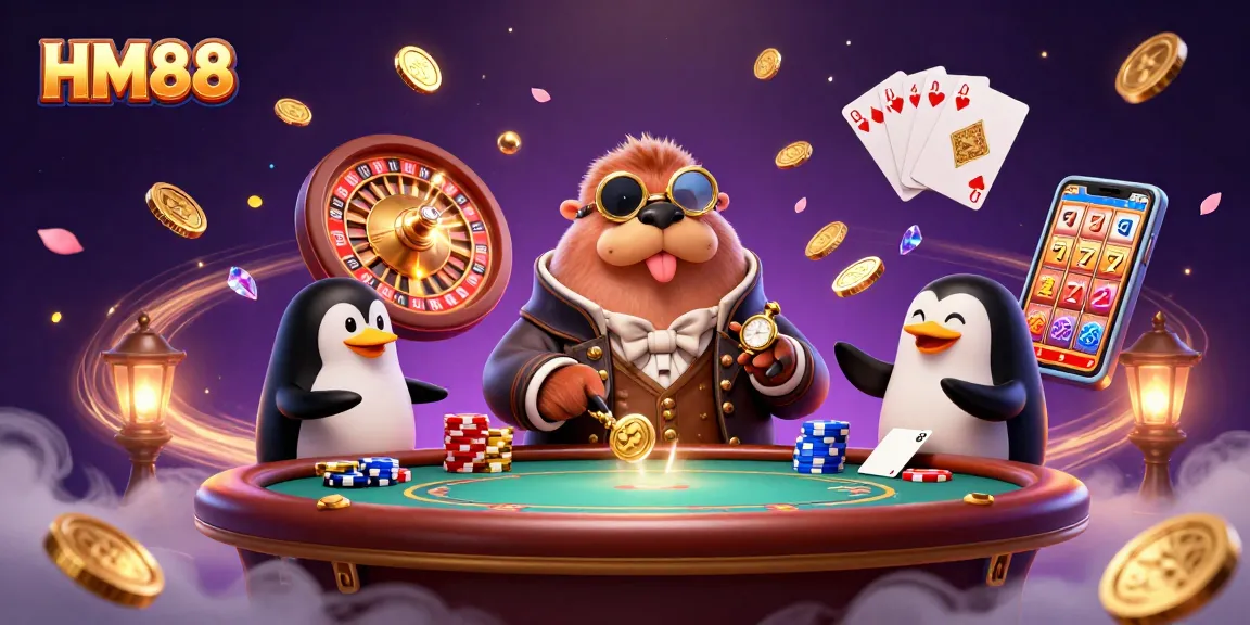 Enjoy thrilling gameplay at HM88 with poker action featuring a walrus, penguin dealer, and pufferfish player.