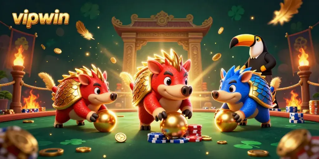 Experience the thrill of gambling with vipwin as rival pangolins in armor roll golden balls into poker chips.