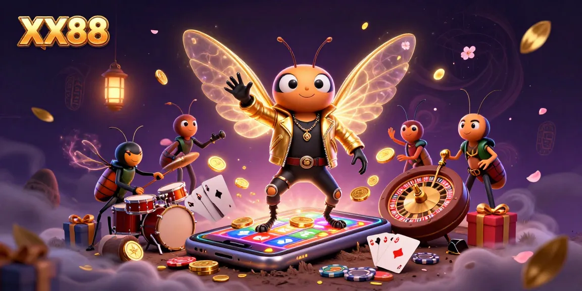 Experience the excitement at XX88 with a rock star cicada and vivid casino elements.