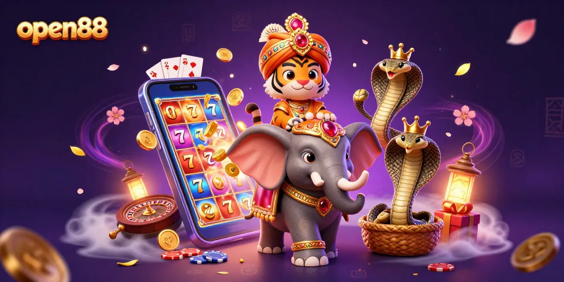 Play slot games at open88 with an exciting 3D scene featuring vibrant characters and casino elements.